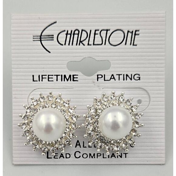 Charlestone Hypo Allergenic Faux Pearl and Rhinestone Earrings NEW - Picture 1 of 6